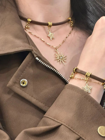 Hazelyn Layered Leather Sun Necklace