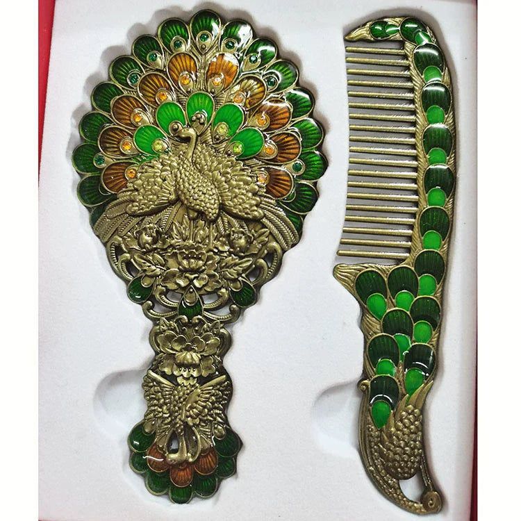 Hillary Vintage Mirror Set - Brass Spreading Tail Peacock - Red Box