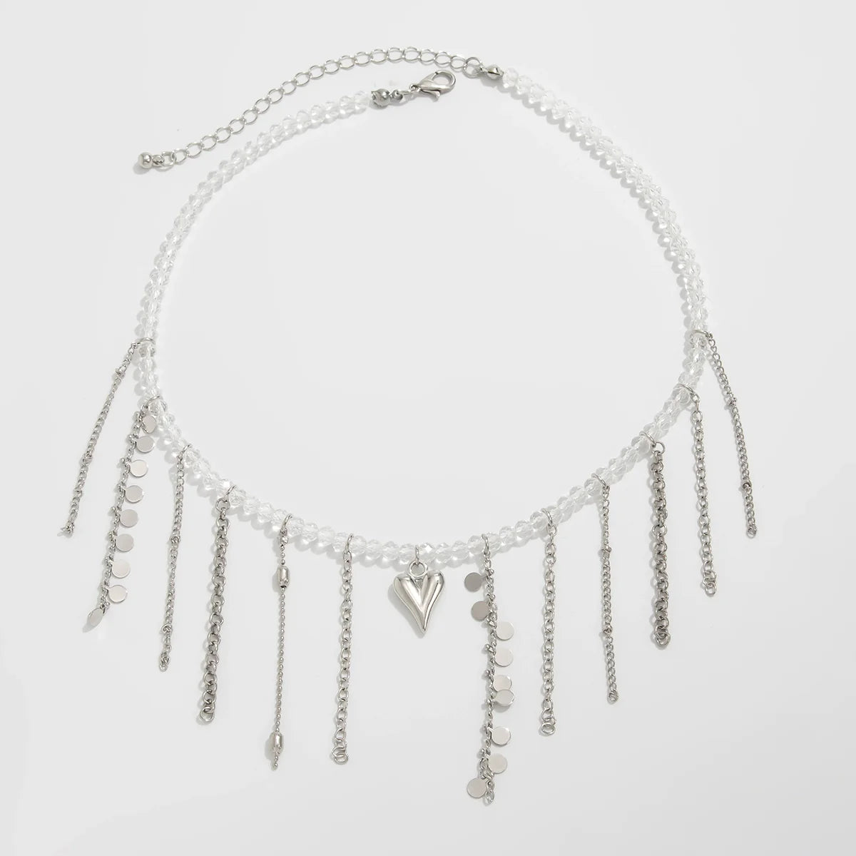 Carleigh Heart Charm Tassel Necklace - Silver Crystal Beads