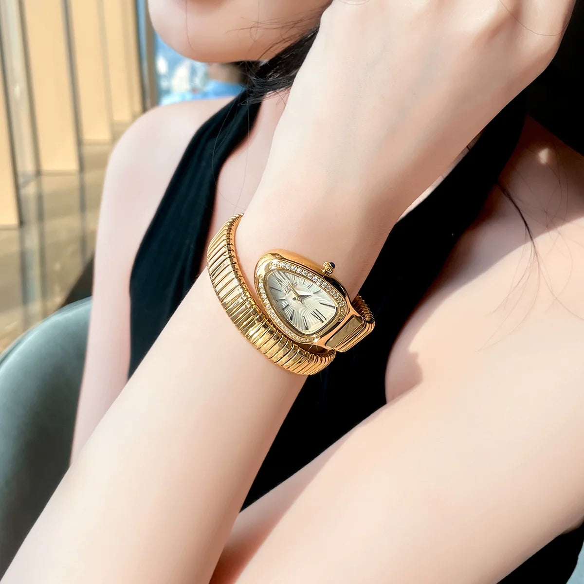 Etta Serpentine Rhinestone Watch - Gold White Dial