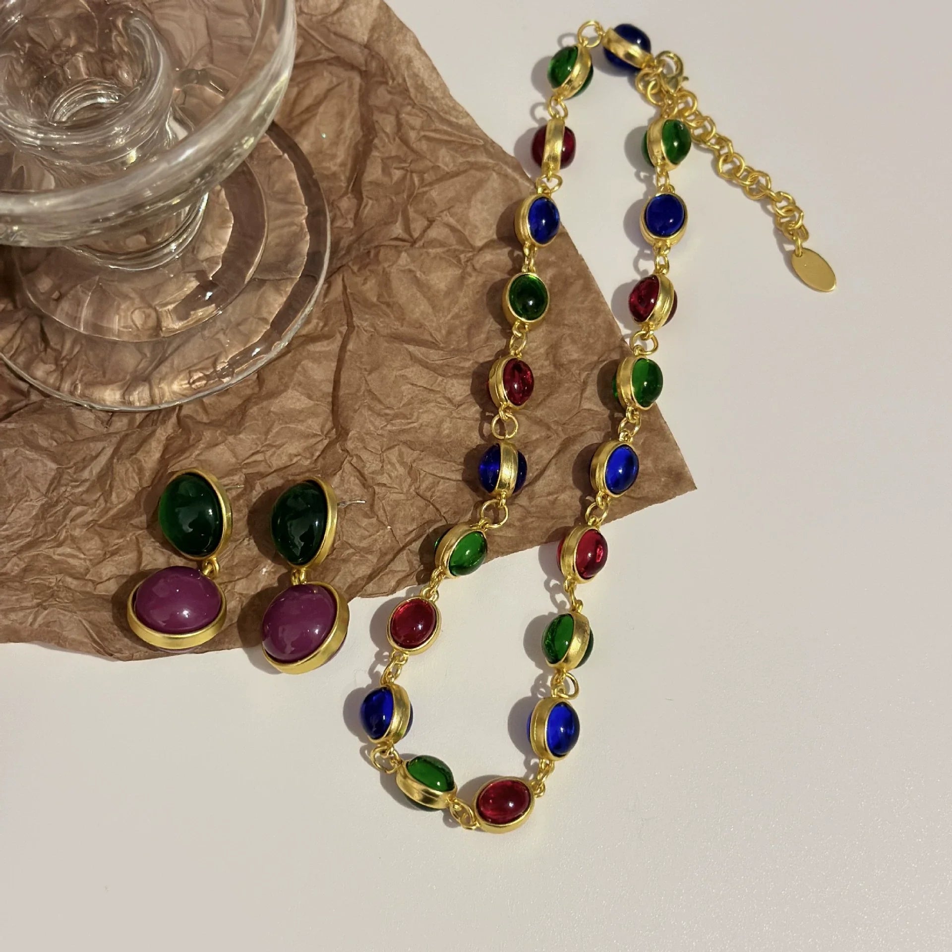 Darlyn Vintage Glass Necklace - Earrings Necklace Set