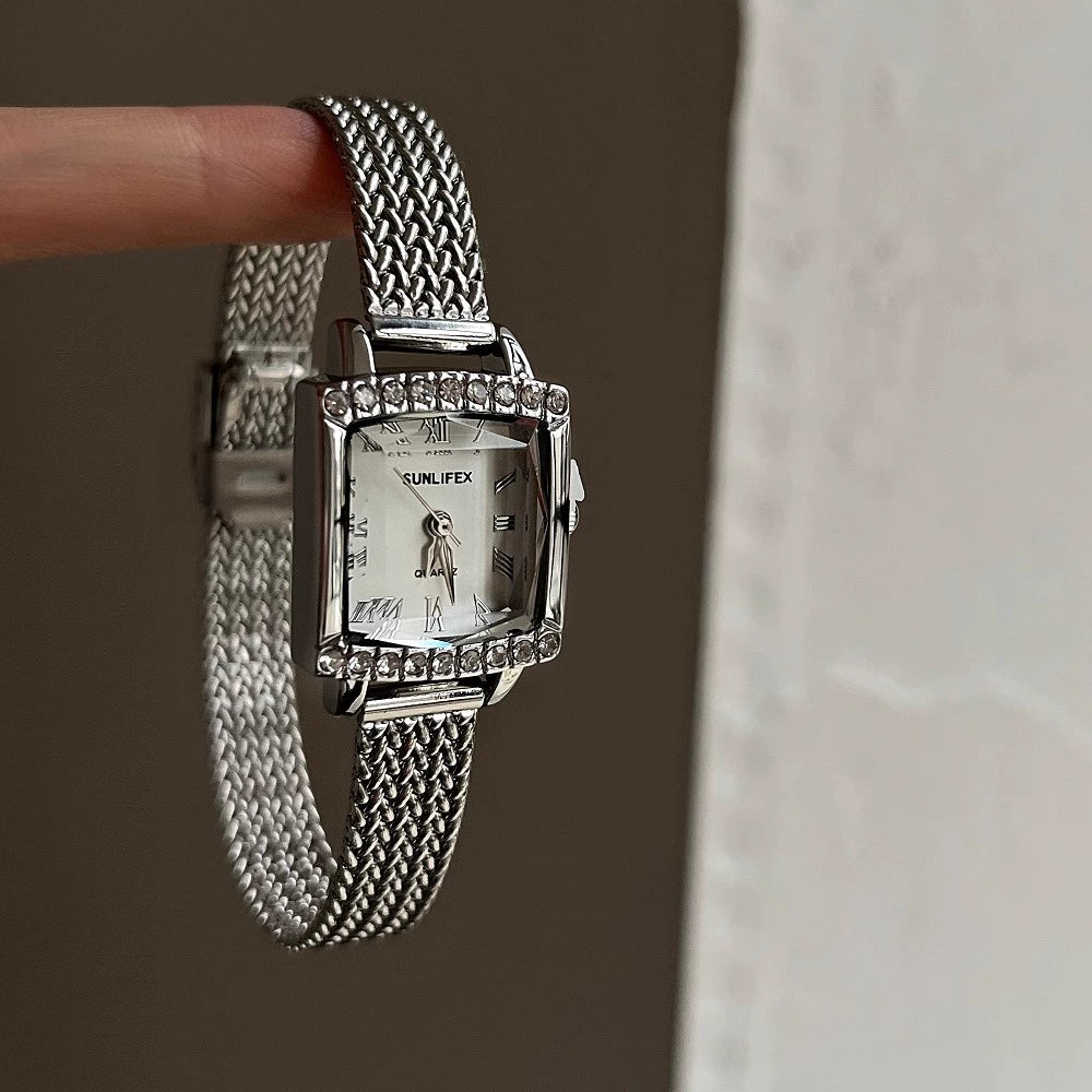 Elisabet Square Link Bracelet Watch - Silver Strap White Face [QQ03PUUV]