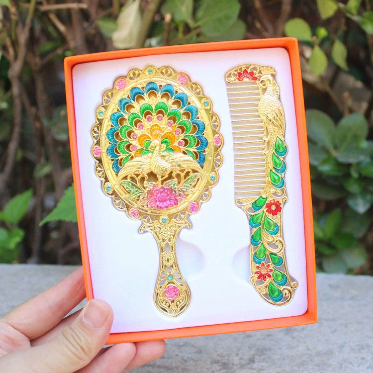 Hillary Vintage Mirror Set - Golden Spreading Tail Peacock - Yellow Box