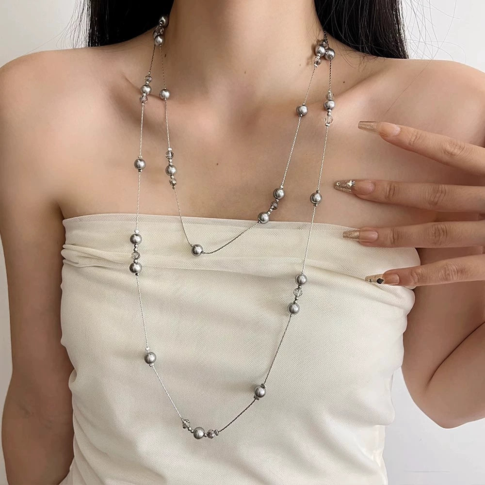 Adelina Celestial Layered Necklace - Multi-layer Stacked Gray Pearl Necklace [V1G830PN]