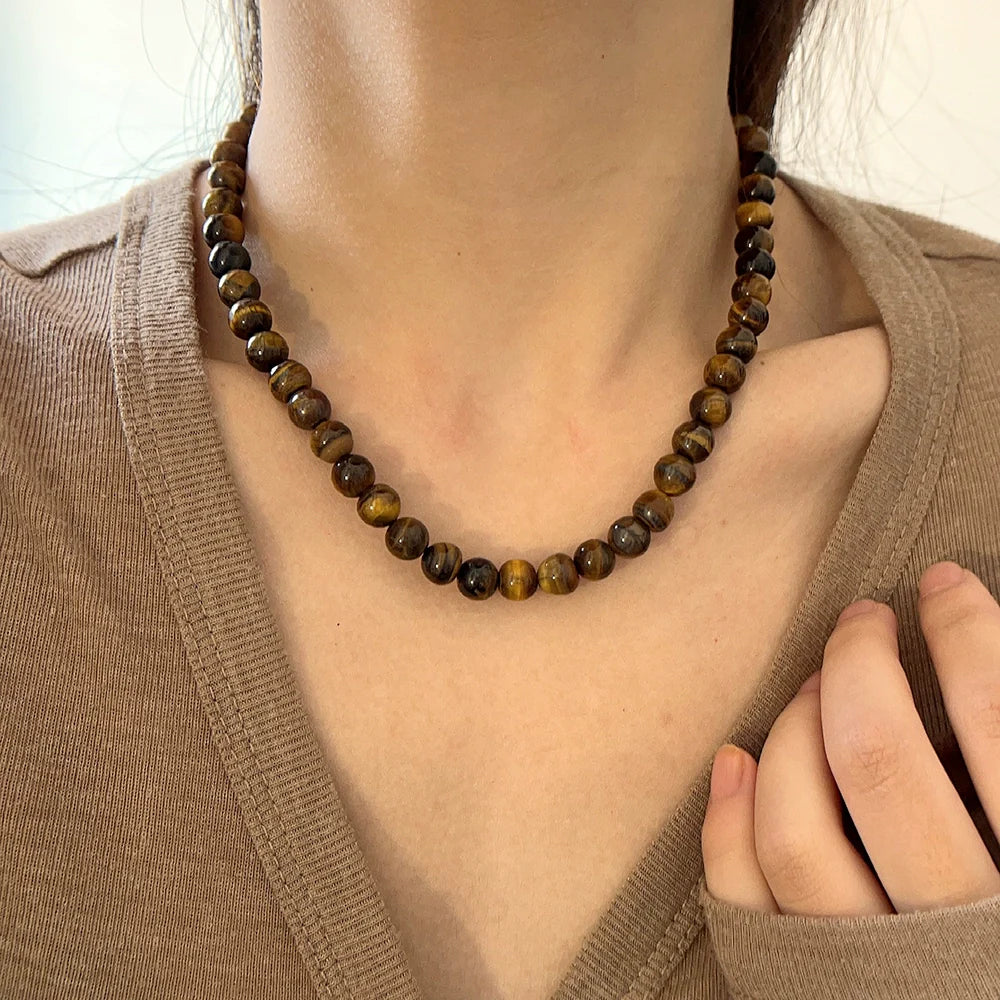 Domenica Tiger Eye Beaded Necklace - 8mm Tiger Eye Necklace