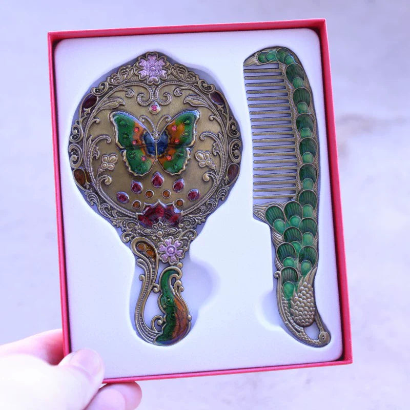 Hillary Vintage Mirror Set - Brass Butterfly - Red Box