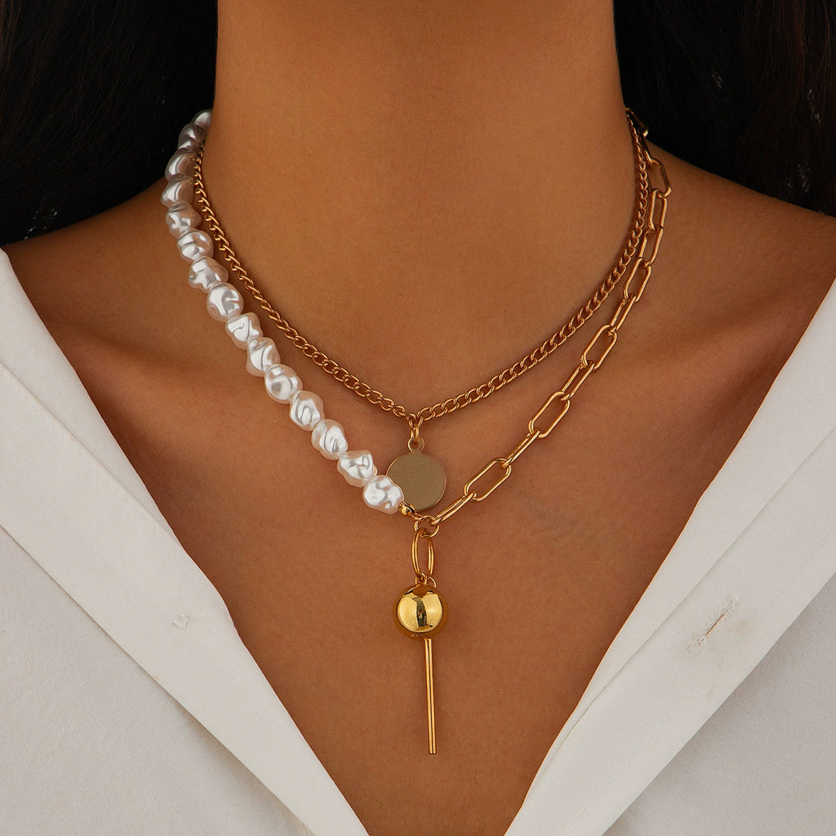 Bayley Layered Pearl Sequin Necklace - Gold [4E14RDC4]