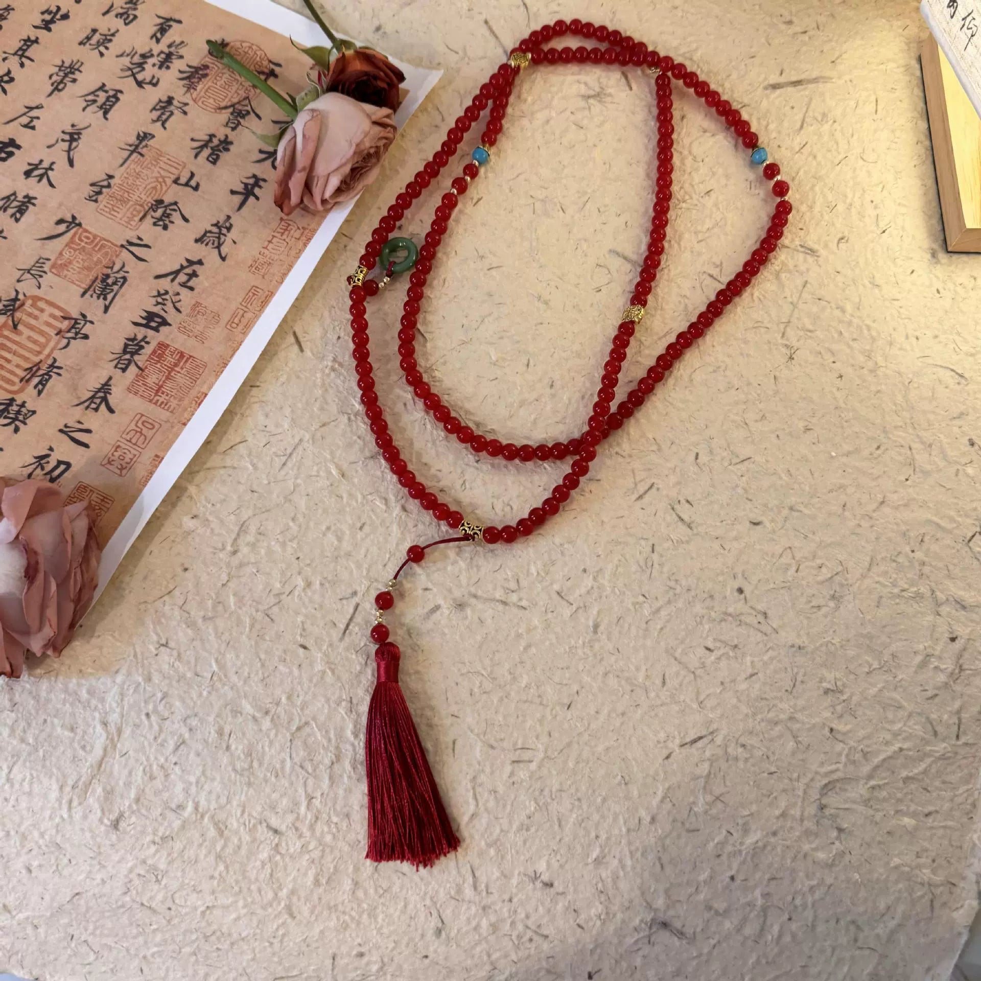 Jacee Chinoiserie Beaded Tassel Necklace - Red Beaded Tassel Crossbody Necklace [CVM6JTWJ]