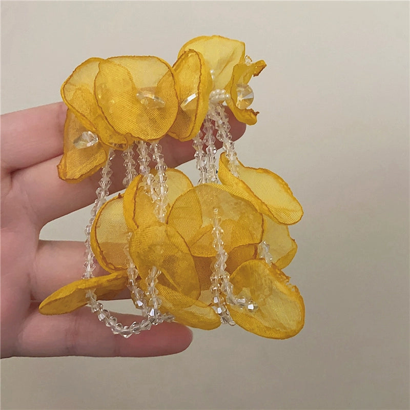 Suzanna Petal Dangle Earrings - Yellow Crystal Flower Silver Needle [90OLQNOH]