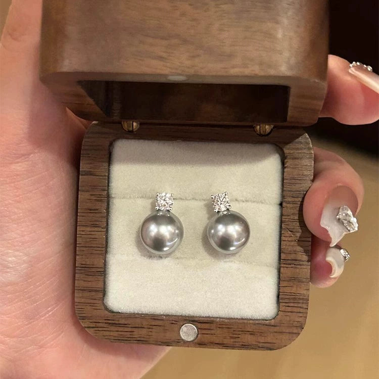 Serena Halo Pearl Earrings - Grey Pearl Stud Earrings [OWOBI02Q]