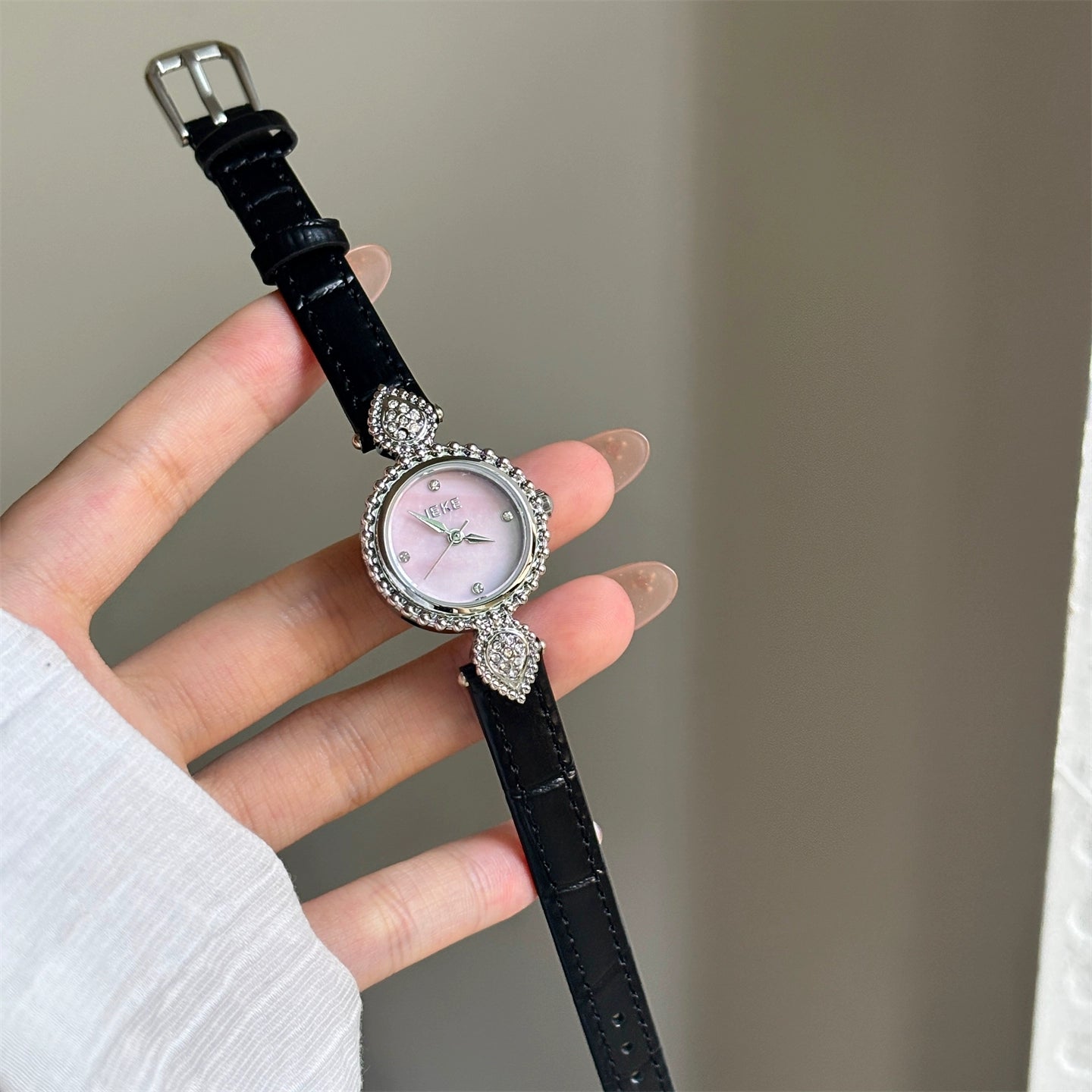Amia Mother-of-Pearl Watch - Black Leather, Silver Frame, Pink Face [P807OBS5]