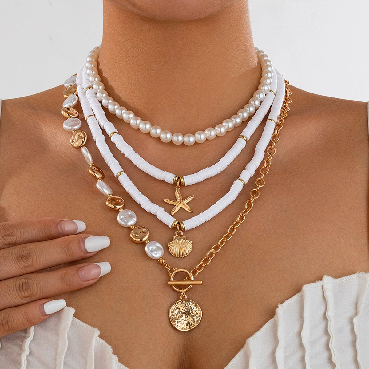 Hadley Layered Pearl Starfish Necklace - Gold 4-Piece Set 2 [6H8U0NN8]