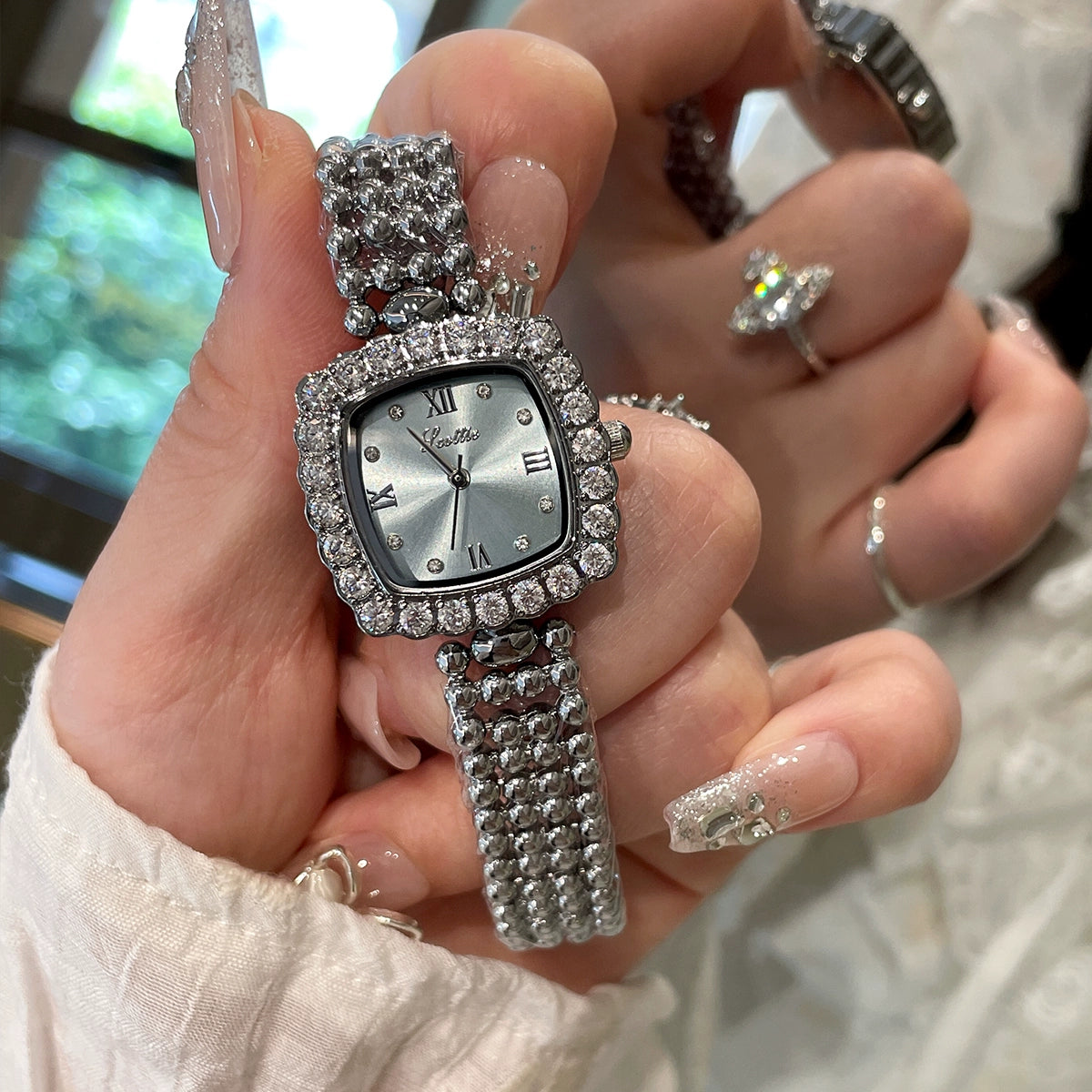 Eris Crystal Square Watch - Silver with Blue Dial