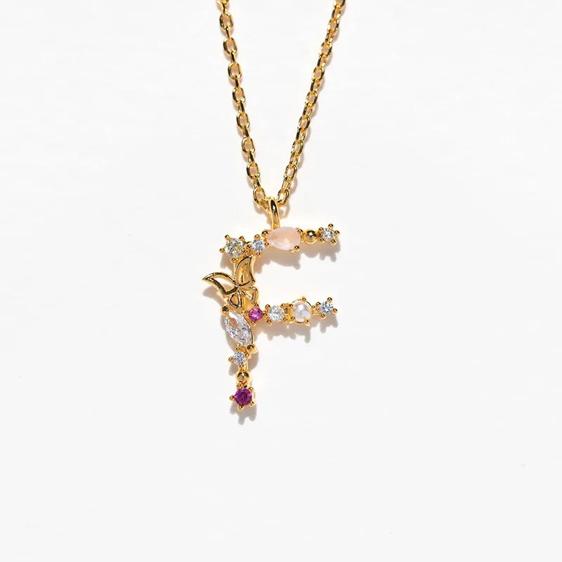 Joelle Golden Butterfly Initial Necklace - F Initial