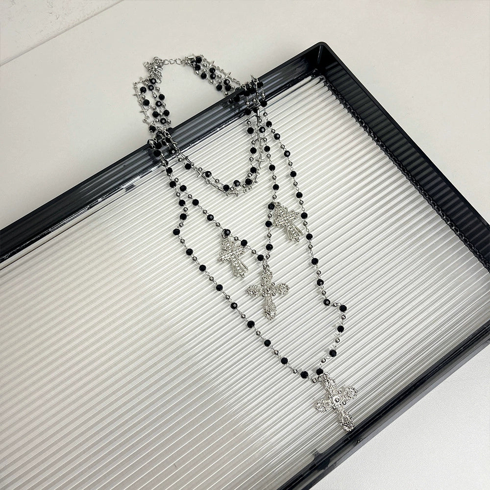 Hasset Y2K Beaded Cross Necklace - Multi-Layer Black Beaded Cross Pendant Necklace [O2S7EAO3]