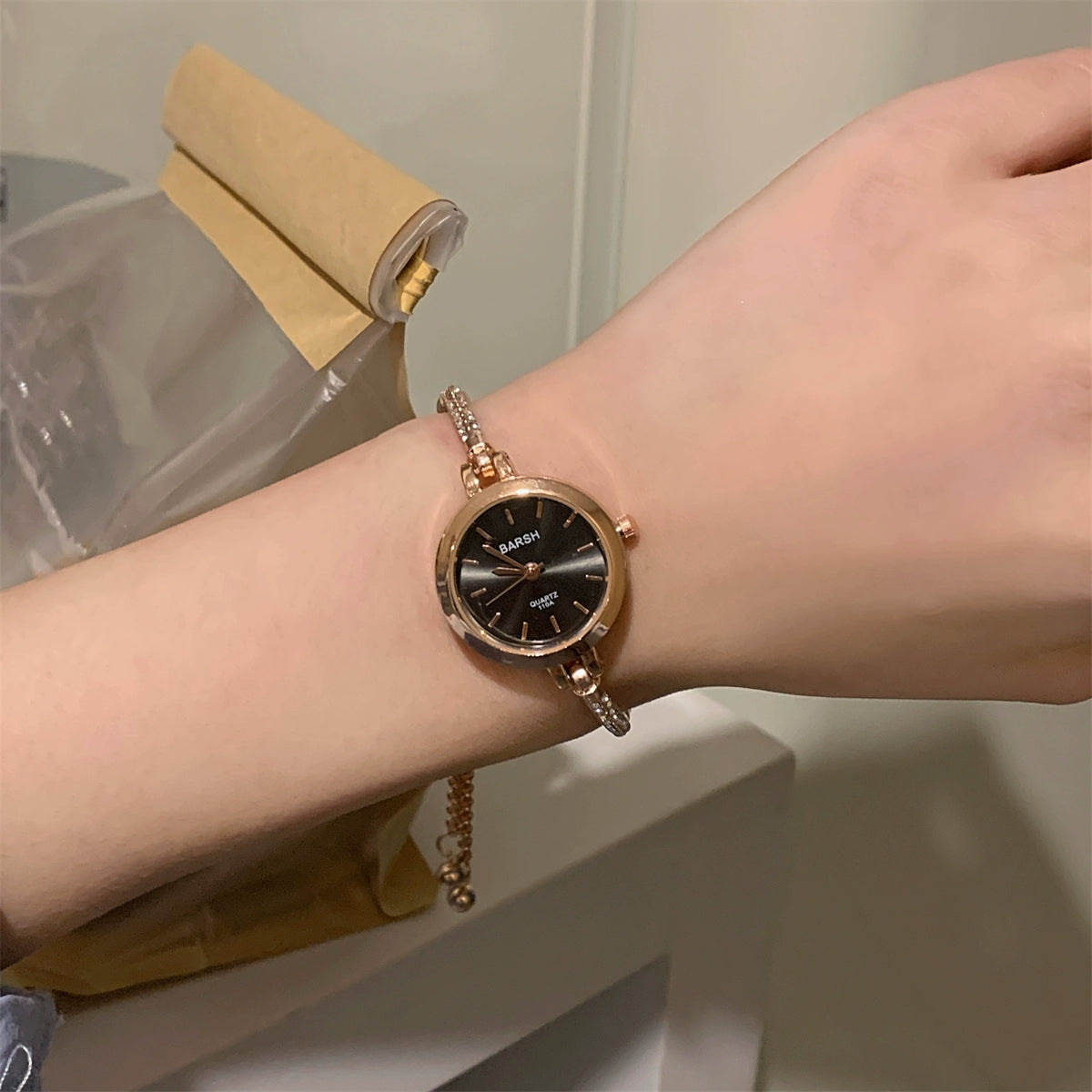 Ophelia Chain Bracelet Watch - Rose Gold Band Black Dial (Stick Markers) [11AL6WS8]