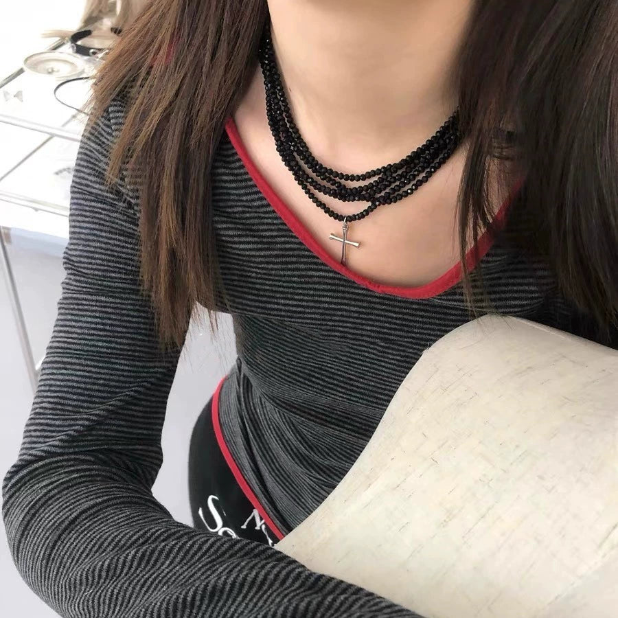 Zoha Multi-Layered Cross Choker - Black Multi-Layered Crystal Necklace [HXNOYBEA]