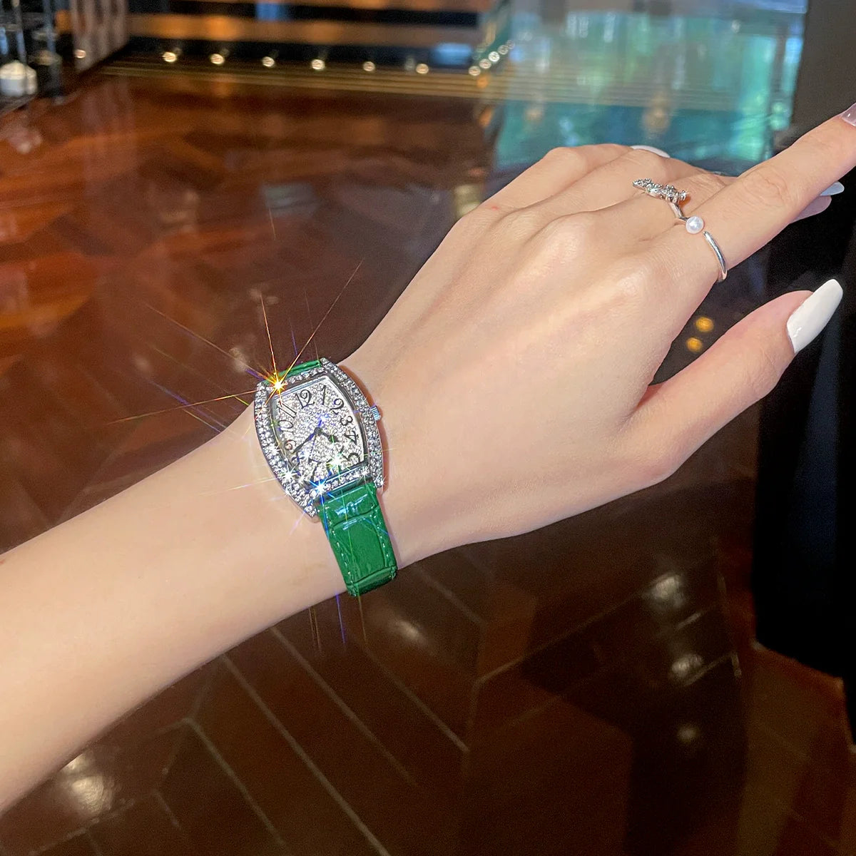 Emmylou Dazzling Leather Watch - Silver Dial Green Strap