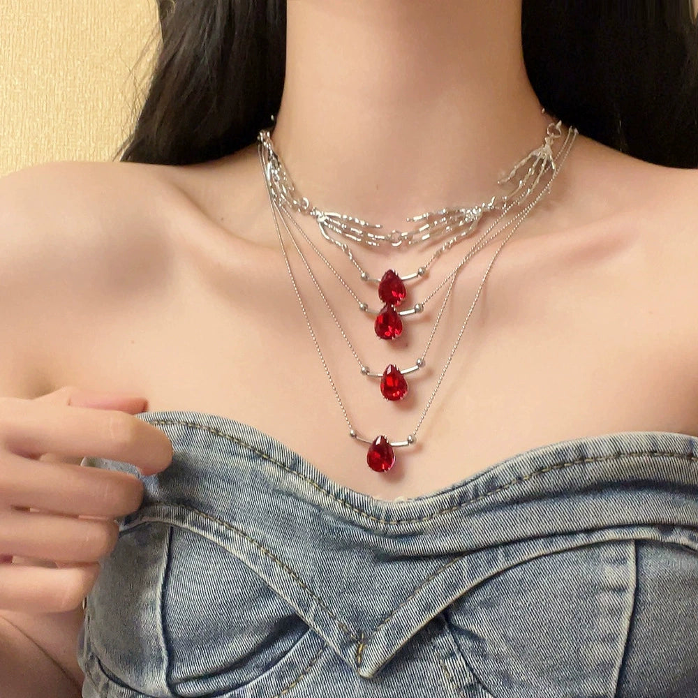 Delylah Layered Zircon Choker - Multi-layered Blood Drop Necklace [47E8BYW6]