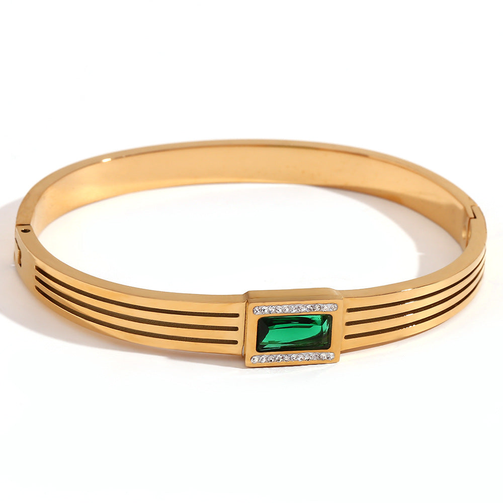 Zyrah Gold Zircon Cuff Bracelet - Hollow Line Green Zircon Bangle [CBMDGAUK]