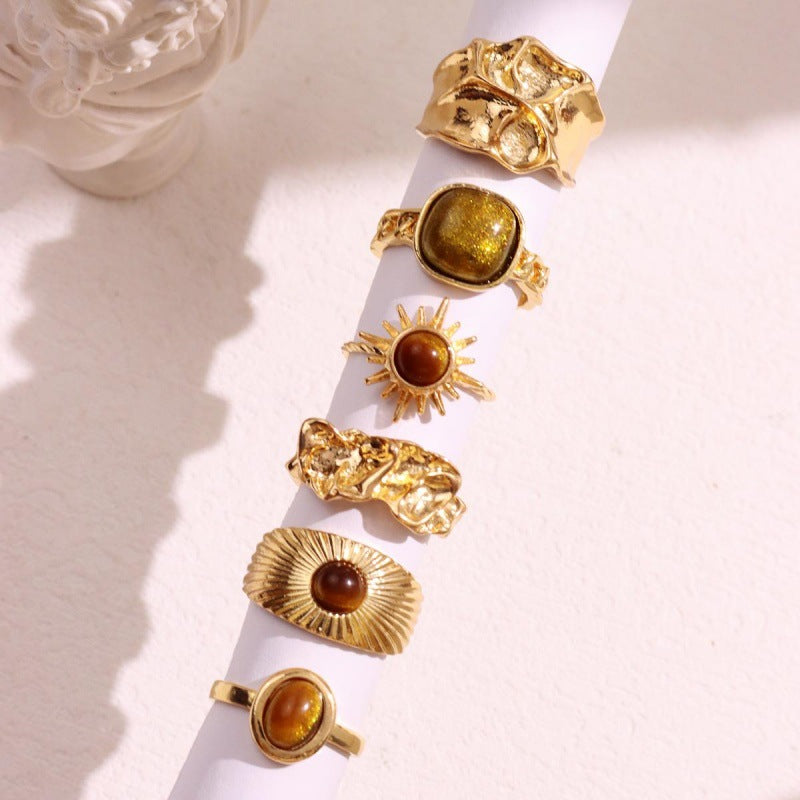 Maeva Sunflower & Tiger Ring Set - Golden Six-Piece Set [T80WO3NJ]
