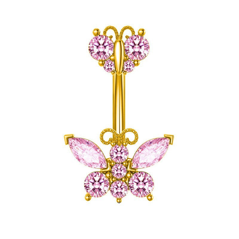 Keely Zircon Bow Navel Ring - 粉色（18k金） [7PS6GWQ9]
