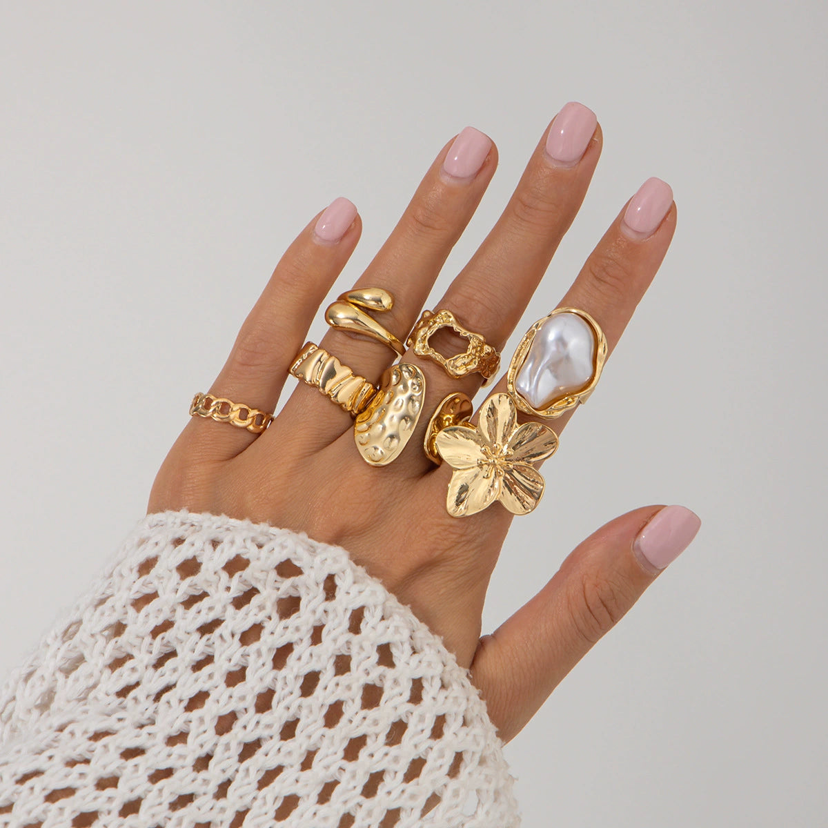 Yanely Baroque Pearl Ring Set - Light Gold 7-Piece Set B [G6G6JNN8]