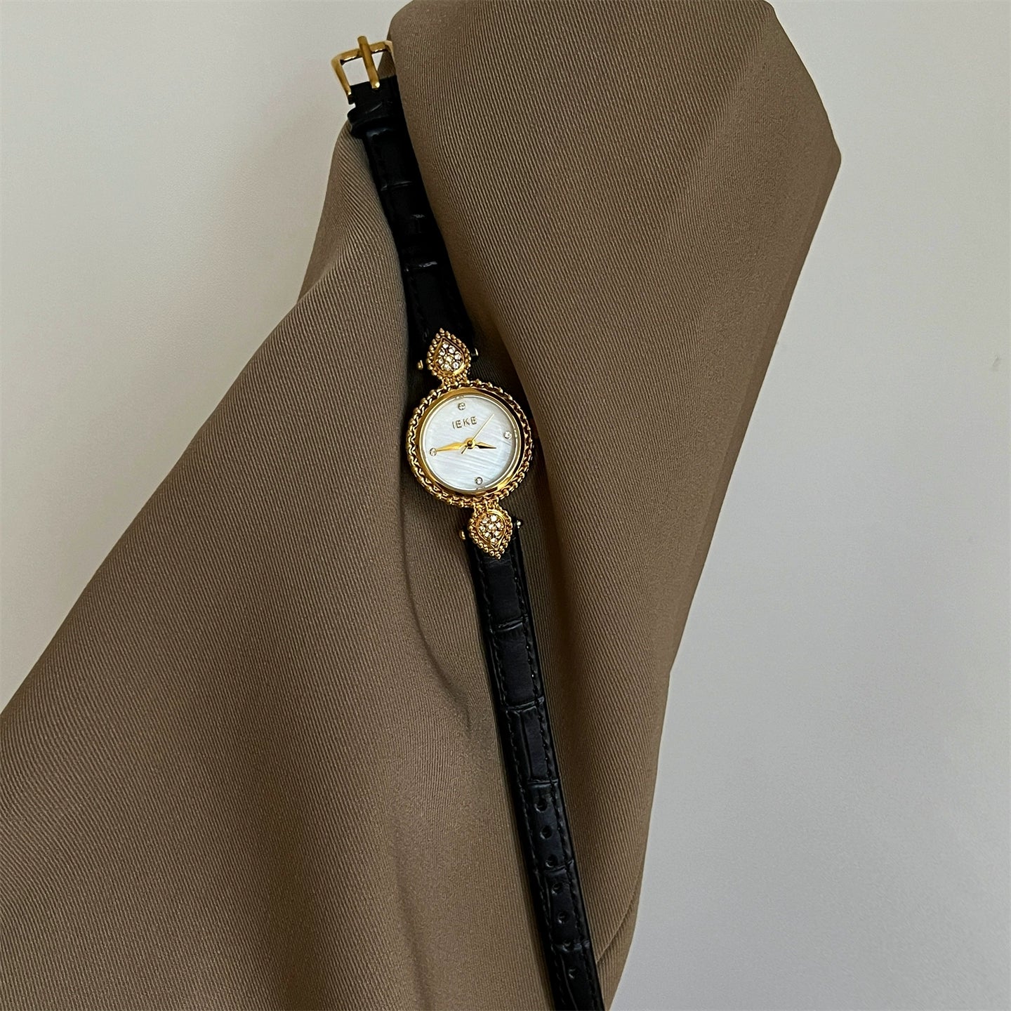Amia Mother-of-Pearl Watch - Black Leather, Gold Frame, White Face [QWM7PAZY]