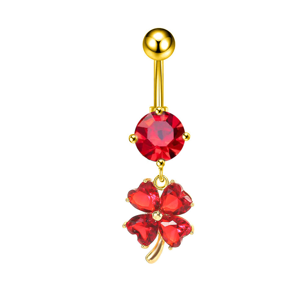 Quinn Zircon Clover Belly Ring - Red (18K Gold Tone) [G2UGVF68]