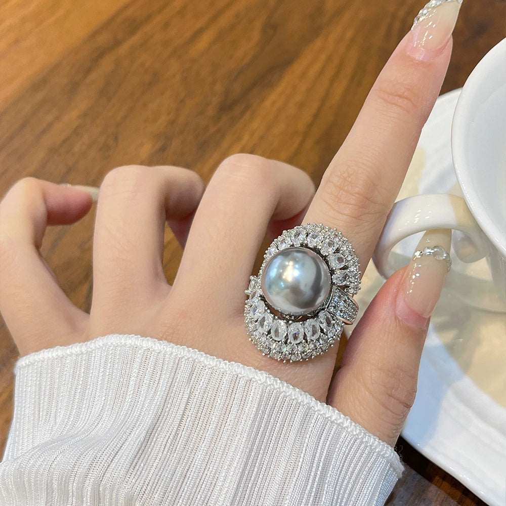 Josephina Pearl Statement Ring - Tahitian Black Pearl Full Diamond Ring [343A0A26]