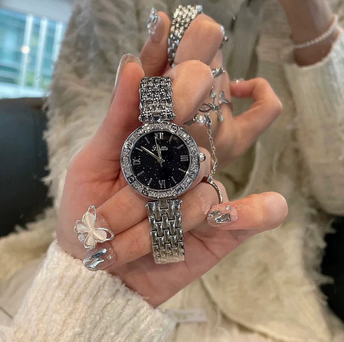 Mia Embellished Steel Watch - Starry Face