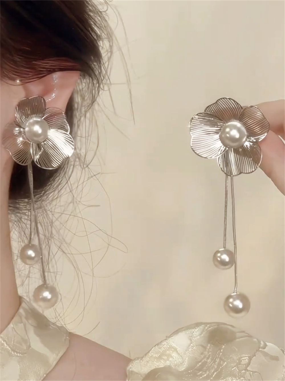 Kristal Floral Pearl Dangle Earrings - Pearl Tassel Dangle Earrings (S925 Silver Post)