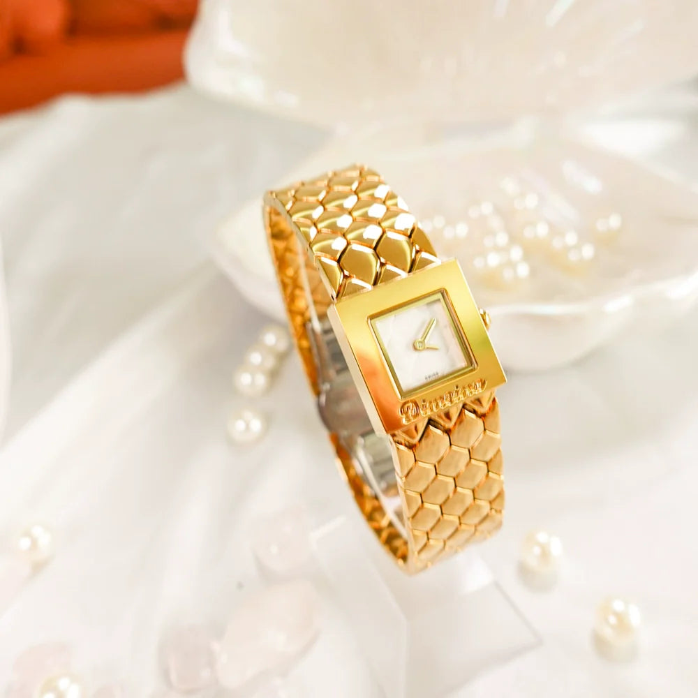 Taylen Quilted Square Watch - Gold with White Dial