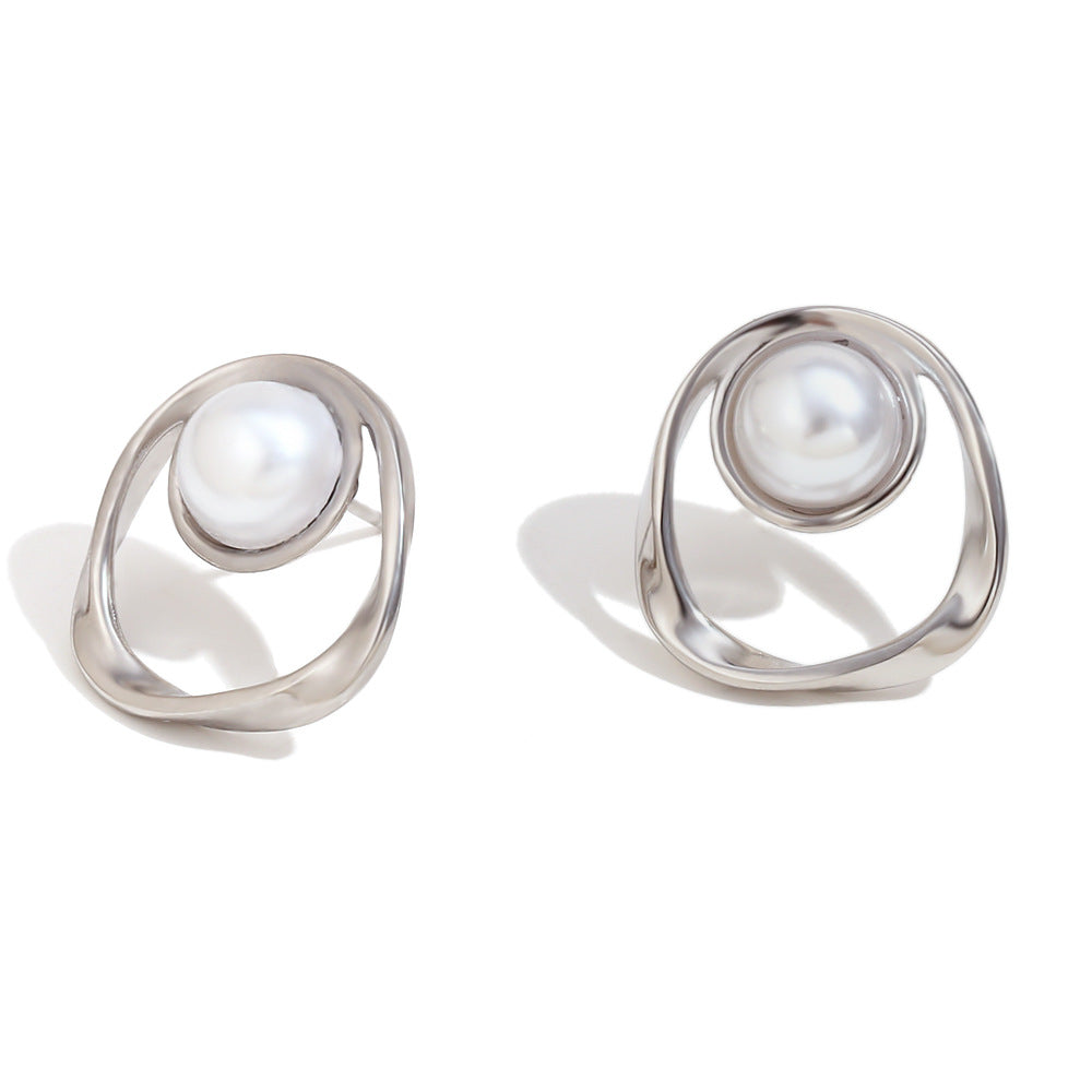 Maira Gold Petal Earrings - Irregular Round Cutout Faux Pearl Studs - Silver [OKRAE3UB]