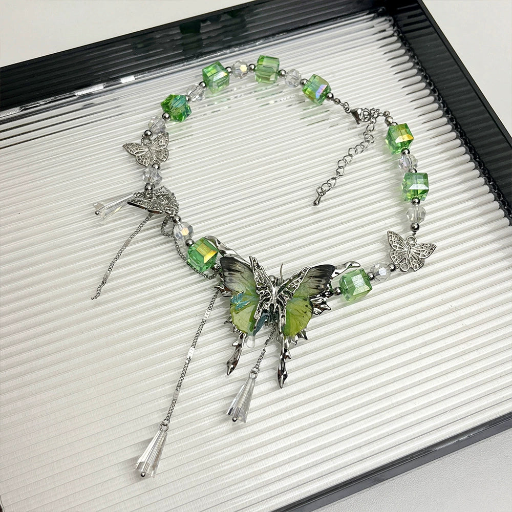 Pilar Green Crystal Butterfly Necklace - Green Tassel Butterfly Necklace