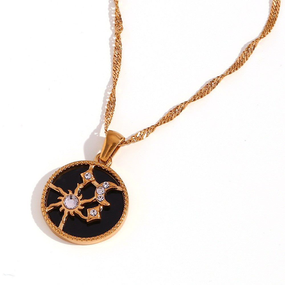 Chantal Layered Celestial Necklace - Connected Sun Moon Star Shell Round Necklace - Gold - Black Shell [J24ZW28L]
