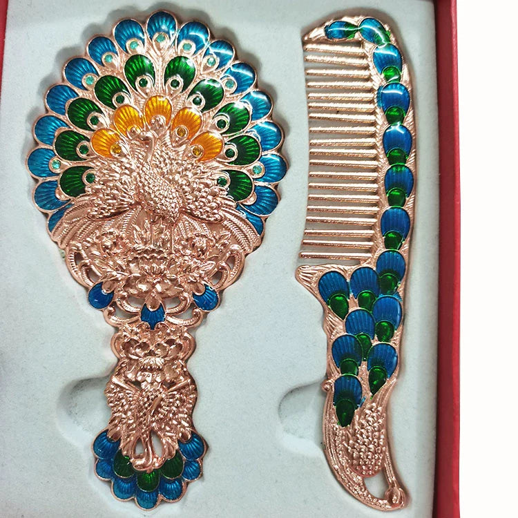 Hillary Vintage Mirror Set - Rose Gold Spreading Tail Peacock - Red Box
