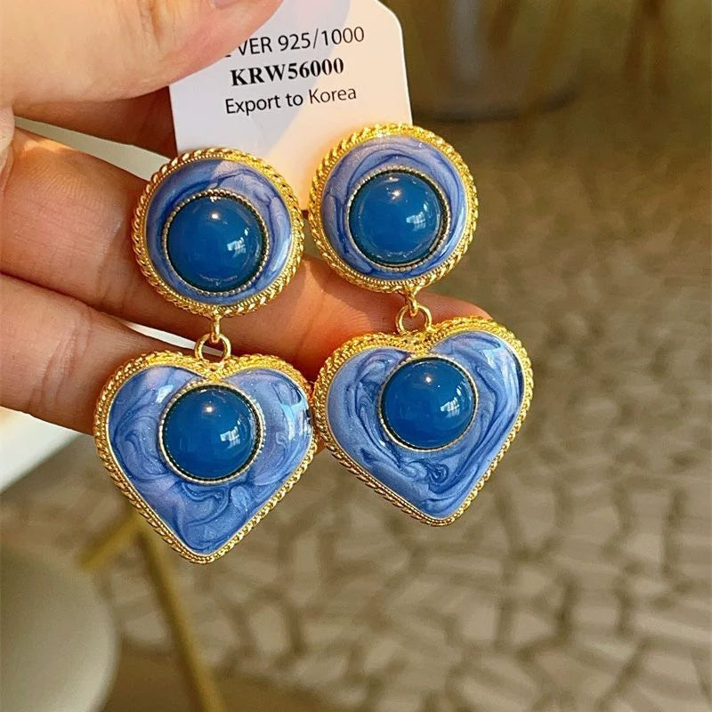 Jaylie Enamel Heart Drop Earrings - Blue Enamel Glaze