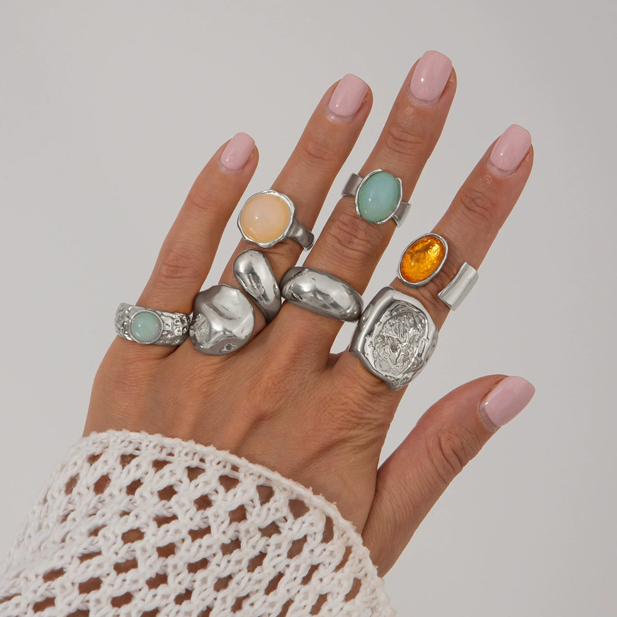 Kymber Stackable Gemstone Ring Set - Silver Tone 7-Piece Set Style 2 [CIAFFDLT]