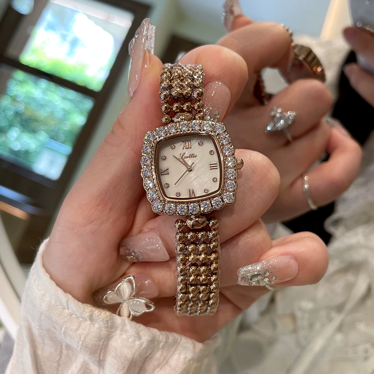 Eris Crystal Square Watch - Rose Gold with Mother-of-Pearl White