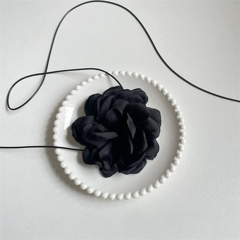 Makenzee Camellia Tie Choker - Black Floral Necklace
