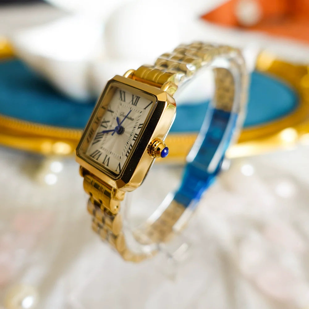 Zoha Roman Numeral Square Watch - Gold Steel Strap