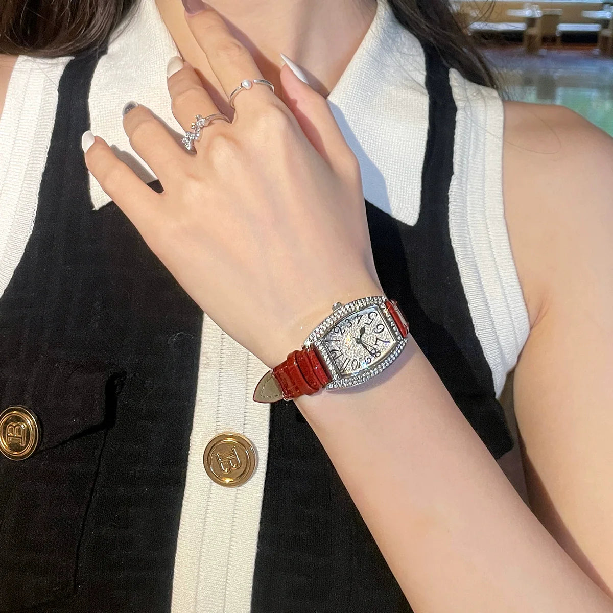 Shai Embellished Quartz Watch - Red Silver