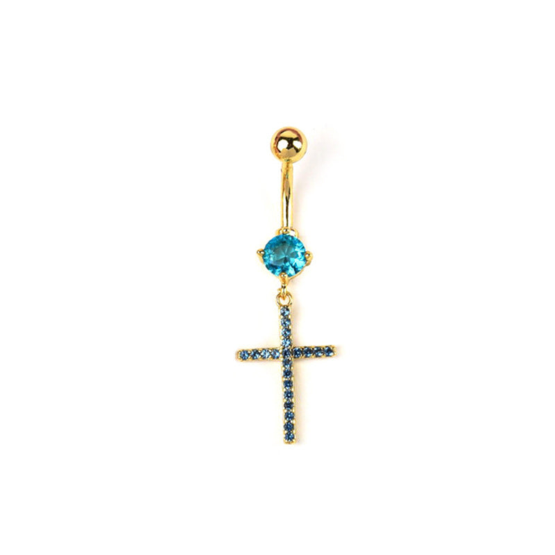 Catherine Zircon Cross Navel Ring - Blue (18k Gold) [JHBID6IY]