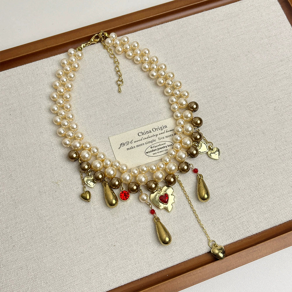 Amalia Retro Pearl Heart Choker - Retro Gold Pearl Necklace [HGUZG9B8]