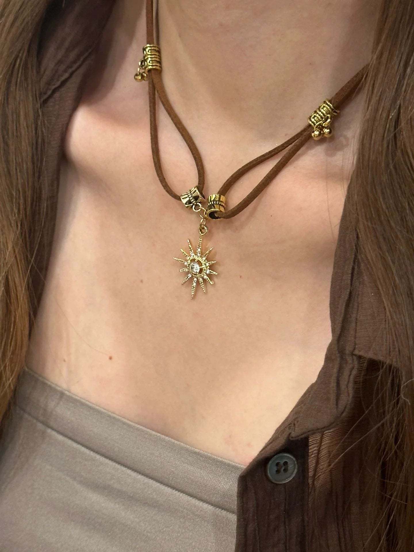 Hazelyn Layered Leather Sun Necklace - Leather Necklace