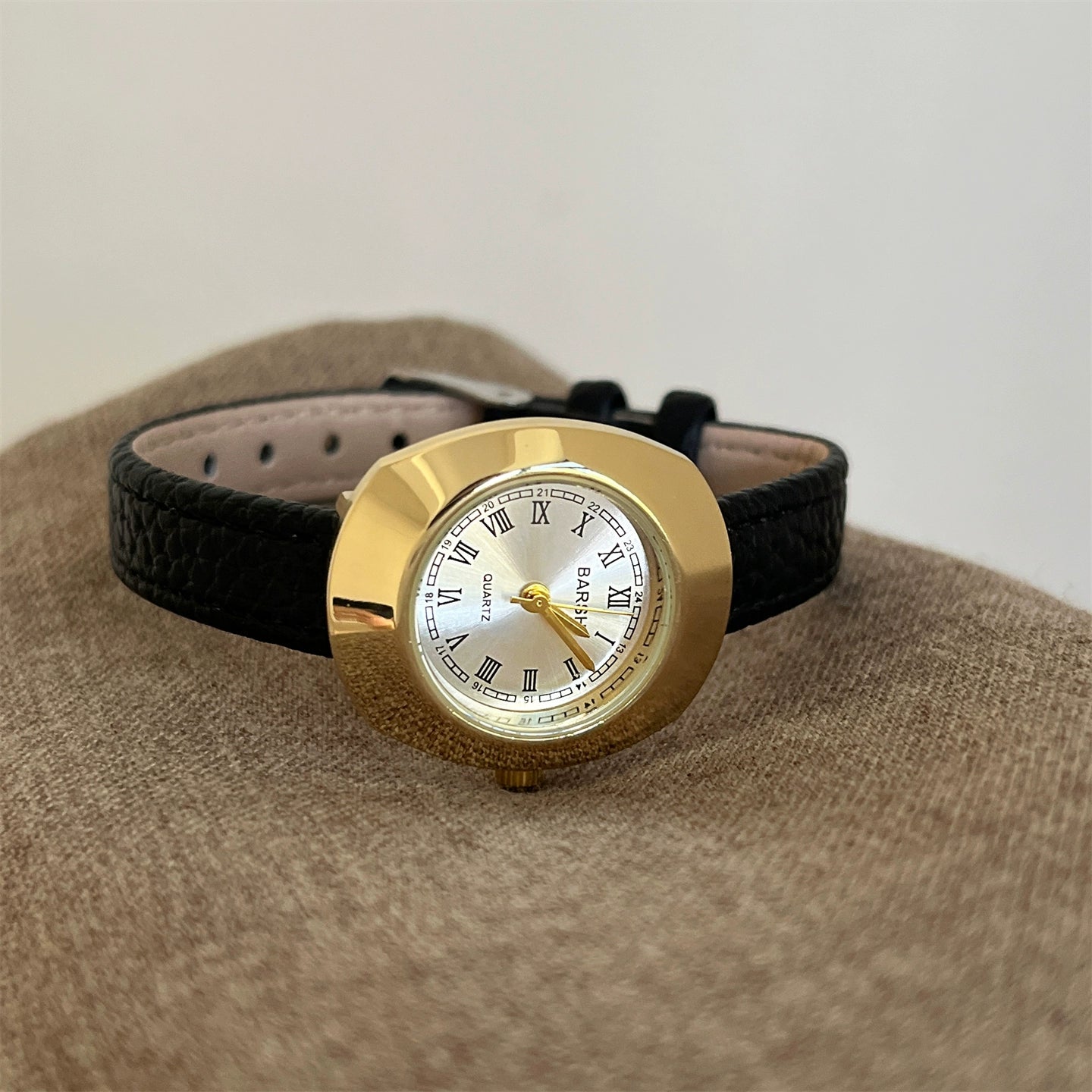 Destini Vintage Leather Watch - Black Strap Gold Frame White Dial [48DWV438]