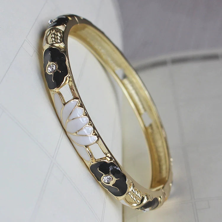 Sunshine Lotus Enamel Bracelet - Black Flower White Lotus