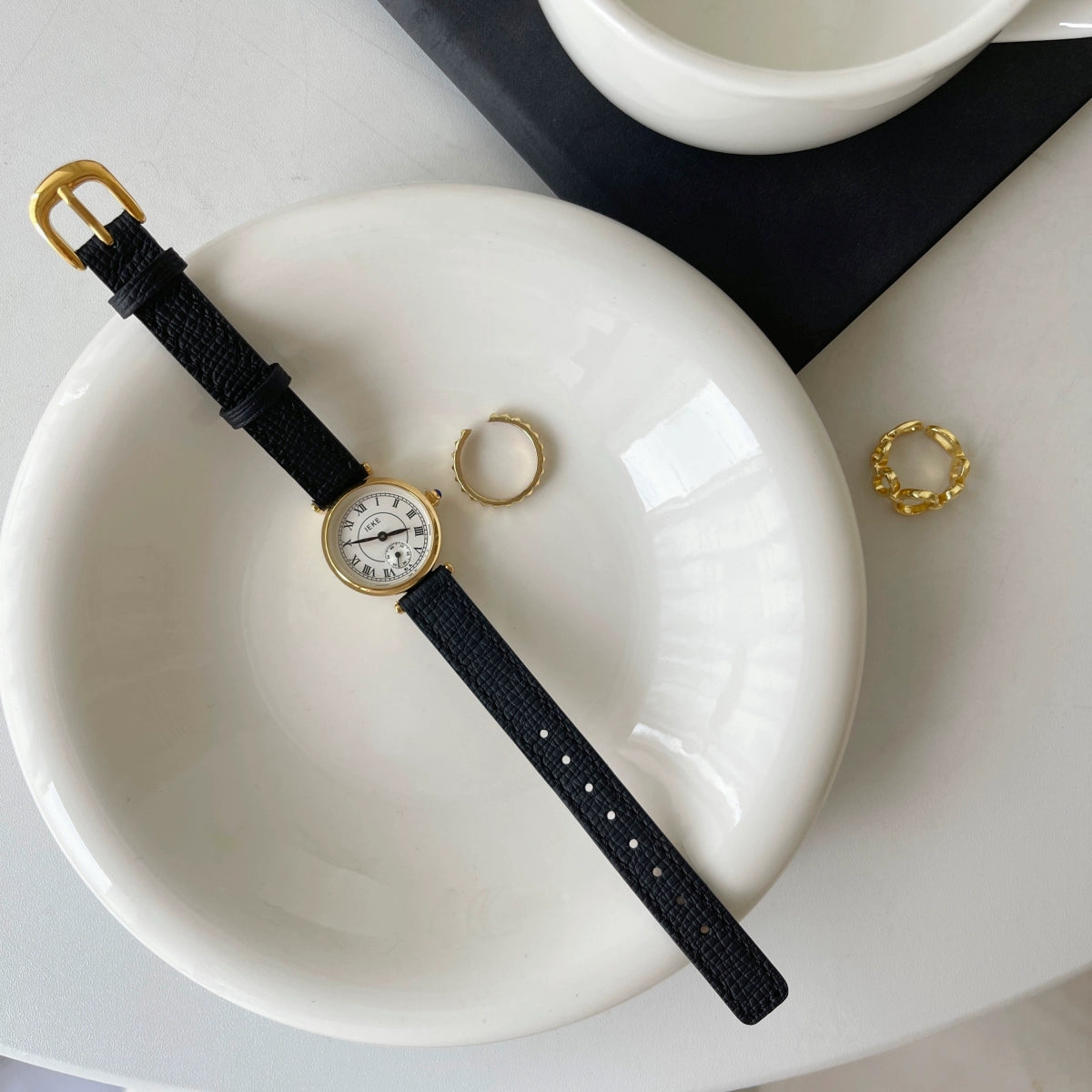 Kezia Retro Roman Watch - Black Strap, Gold Bezel, White Dial [BW02F0XG]