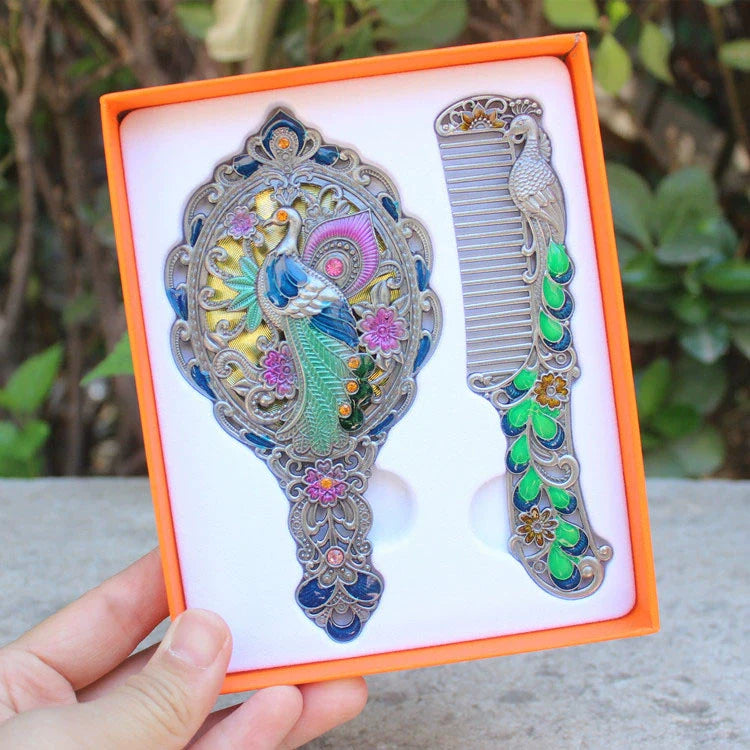 Hillary Vintage Mirror Set - Pewter Peacock - Yellow Box